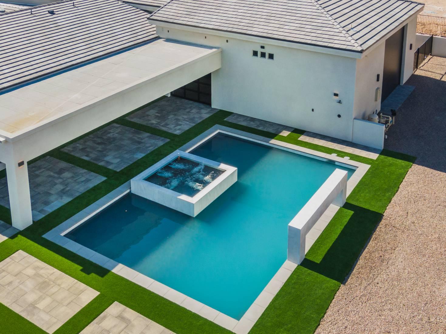Aerial of the pool and raised spa at 6287 Avienda De Las Colinas