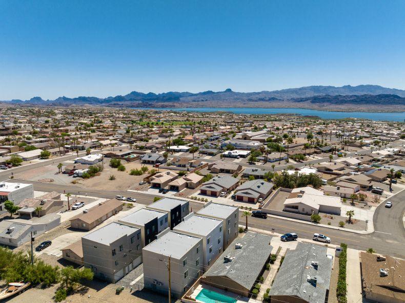 Aerial view of The Magnolias with Lake Havasu in the background